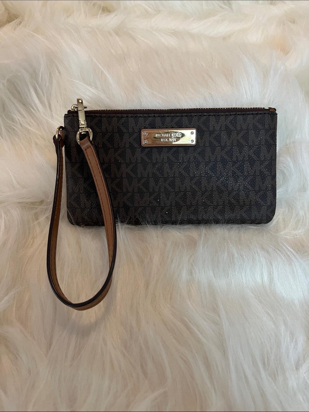 Michael Kors Dark Brown MK Logo Wristlet with Tan Strap